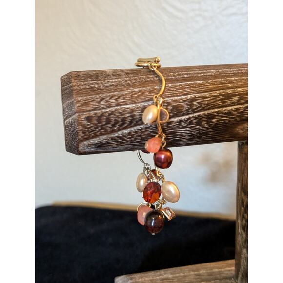 Gold Tone Colored Pearl Crystal Glass Amber Bead Scalloped Bar Toggle Bracelet - Picture 7 of 8